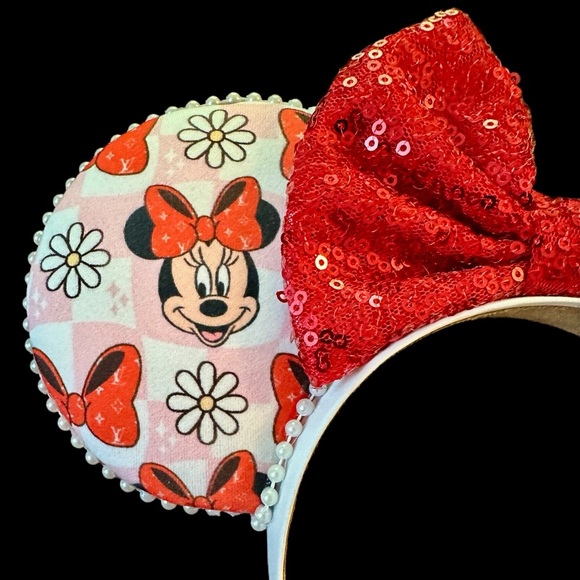 Women’s Handmade Red Sequin Bow Minnie Mouse Ears with LV Dots - NWOT - Picture 2 of 4